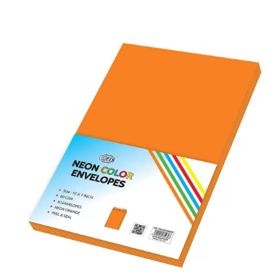 FIS Color Envelopes Peel & Seal, Neon Colors, Pack of 50 Pcs. Orange Color, 10 x 7 Inch, 80 GSM - FSEC8033PBOR50