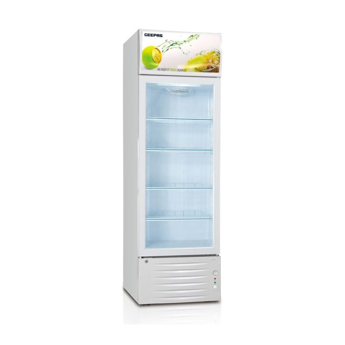 Geepas 400L Upright Showcase Fridge - Adjustable Thermostat, Bottle Cooler With LED Lighting | Ideal For Beer, Wine & Drinks Fridge | INterior Lamp + Lock & Key | Low Energy Compressor Fan