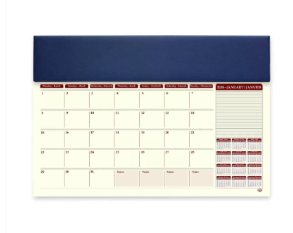 FIS Year Planner 2024 (English/French) with PVC Desk Blotter and Italian PU Flap, Blue - FSDKPEF24BL