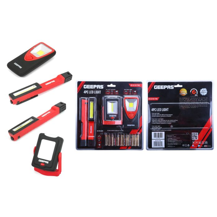 Geepas 4 PC Led Light - 1 Piece 2-In-1 Work Light With Stand, 1 Piece Work Light And 2 Piece Penlight - Cordless Work Light, Mini Penlight, Pocket-Size Flashlight