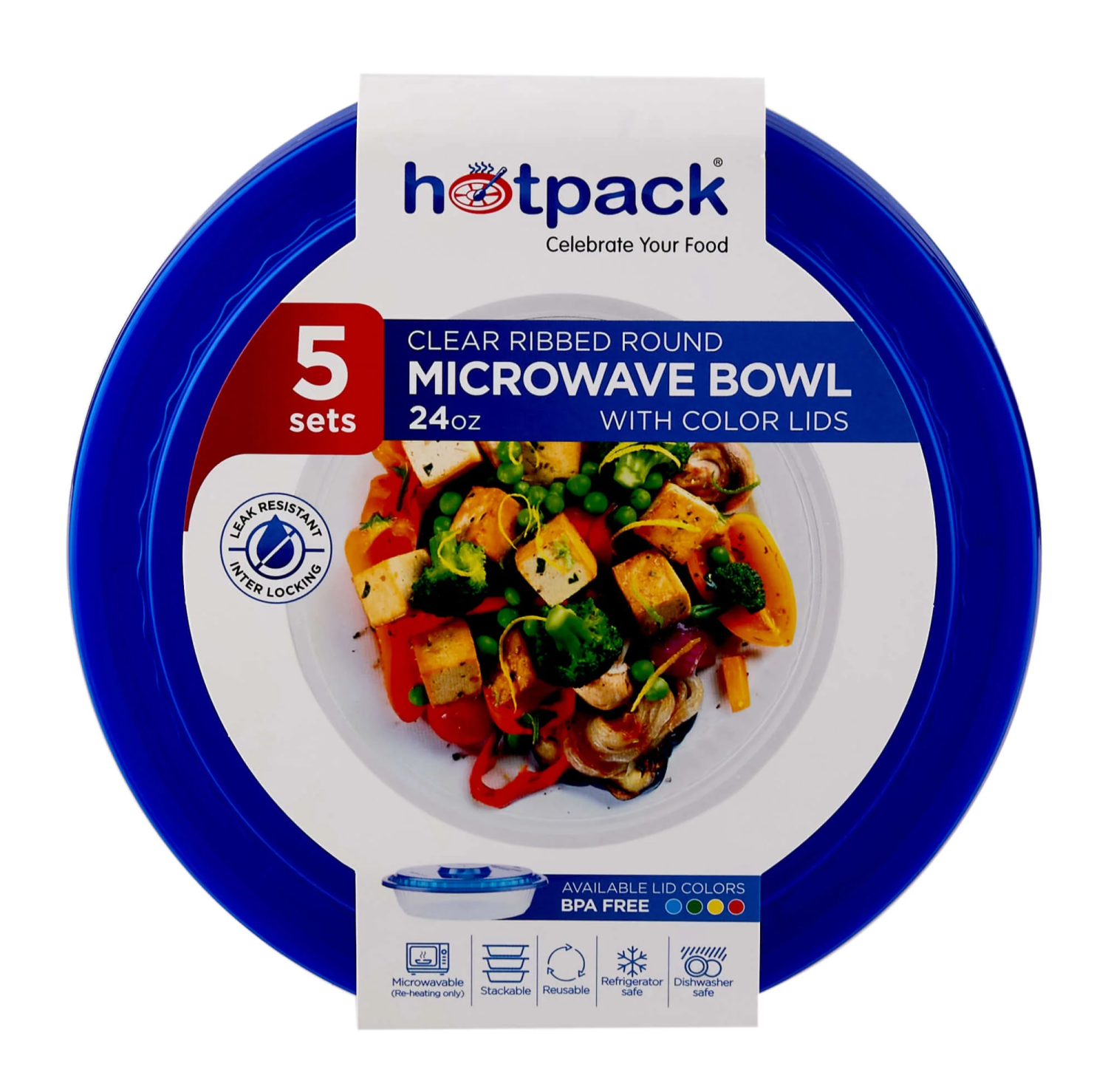 Round Ribbed Microwave Bowl With Color Lid 5 Pieces