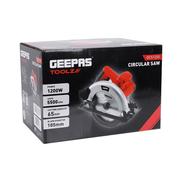 Geepas 1200W Circular Saw 185mm - Multi-Purpose Blade 65mm Cutting Depth,Depth & Angle Adjustment | Ideal For Wood, Mild Steel, Plastic & More