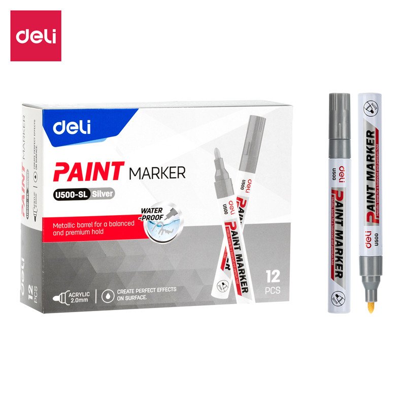 Deli EU500 Paint Marker, 2mm Bullet Tip Silver (12Pcs/Pack)