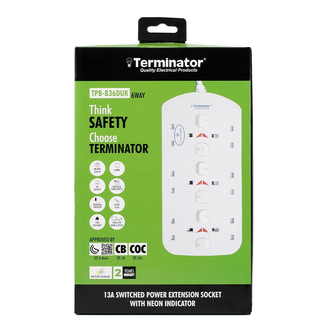 6 Way Double Side UK Power Extension Socket With Individual Switches 3M 1.25mm2 Cable 13A Plug