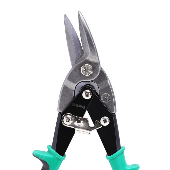 Geepas Aviation Snip Right Cut 250mm - Right Cut Offset Tin With Forged Blade With Twin Spiral Spring, Comfort Grips | Ideal For Cutting Upto 18 Gauge Aluminium, Wire Mesh, Leather, Copper & Plastic