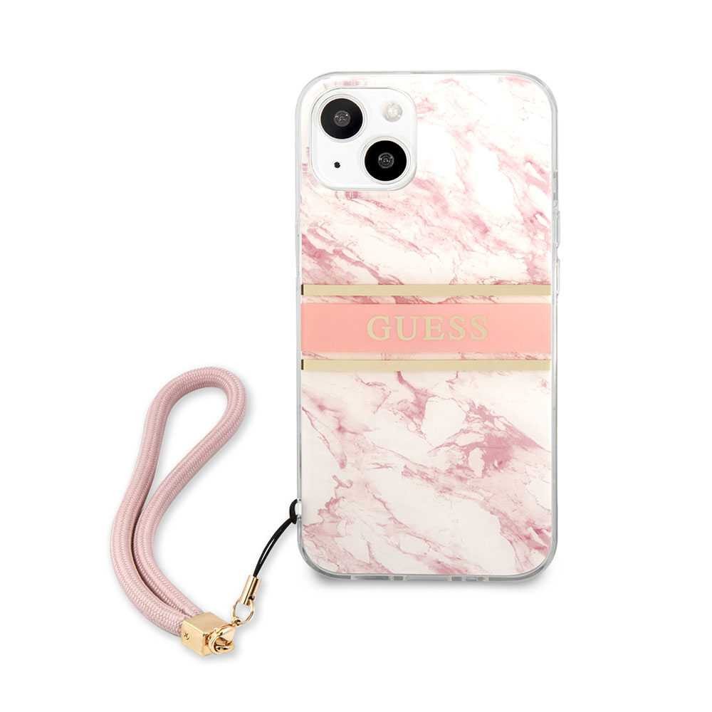 Guess PC/TPU Case Marble Design And Stripe With Nylon Strap For iPhone 13 (6.1") - Pink