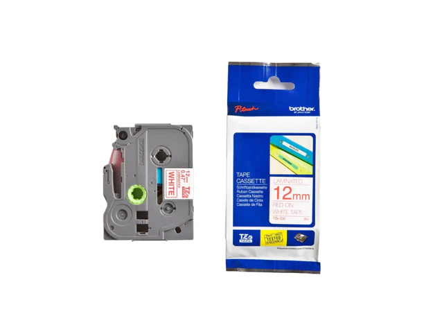 Brother P-touch 12mm TZ-232 Laminated Tape, 8 m, Red on White