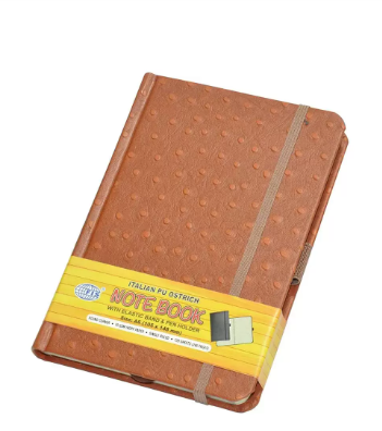 FIS Executive Ostrich Italian PU Cover Notebook, Ivory Paper, Single Ruled With Elastic Band, Brown Color, 120 Sheets, Pen Holder and Gift Box, A6 Size - FSNBEXSLA6BR