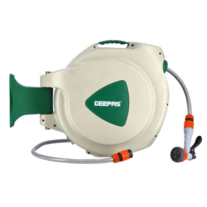 Geepas GWH59056 30M 1/2" Automatic Ready To Water Hose Reel With 180 Swivel Mounting Bracket, Lock Mechanism, Hose Fitting, Adjustable Hose Stop And More