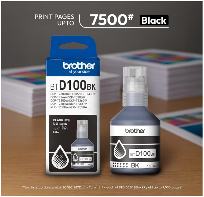 Brother Genuine BTD100BK Ultra High Yield Black Ink Bottle, 7,500 Page