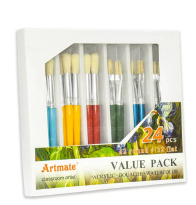 Artmate Artist Brushes (12 Round & 12 Flat Brushes In Different Colors) Assorted Colors - Set Of 24 Pieces, Jiabamb-24