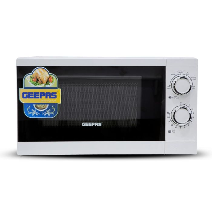 Geepas 20L Microwave Oven | 1200W Solo Microwave With 6 Power Levels And A Timer | Cooking Power Control With 2 Rotary Dials & Defrost Settings | White | 1 Year Warranty