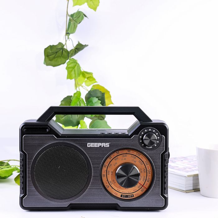 Geepas Rechargeable Radio | USB/TF/MP3/WMA Player| Built-In Lithium Battery| Bluetooth, AUX-IN,USB, MICRO-SD Support | 10 Meters Bluetooth Range | For Emergency Use | Portable | 2 Years Warranty