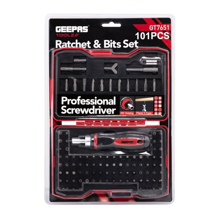 Geepas GT7651 101 Pcs Ratchet & Bits Set - A Reversible Screwdriver With A Set Of End Caps And Bits - Made Of High-Quality Steel
