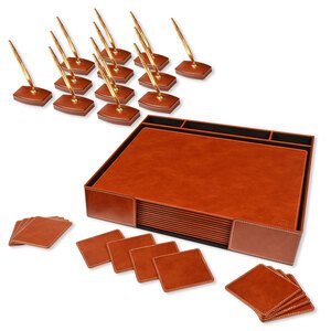 FIS Executive Conference Room Set of Bonded Leather Desk Blotter, Coaster and Pen Holder with Pen - Brown-FSDSCONFRSETBR