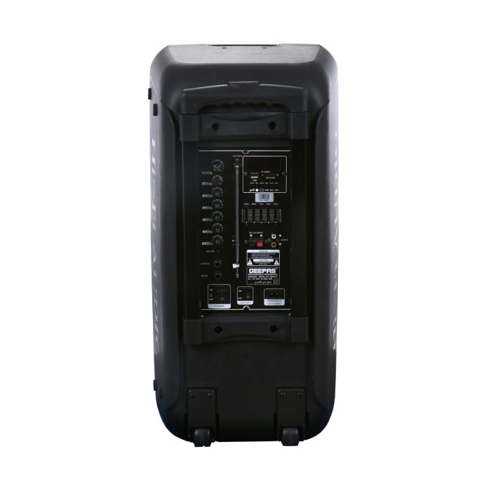 Geepas 10-Inch Trolley Rechargeable Speaker 50000 PMPO- Wireless Microphones, Battery Powered Rechargeable |Portable Dual Woofer With Tweeter With Trolley Handle | 2 Years Warranty