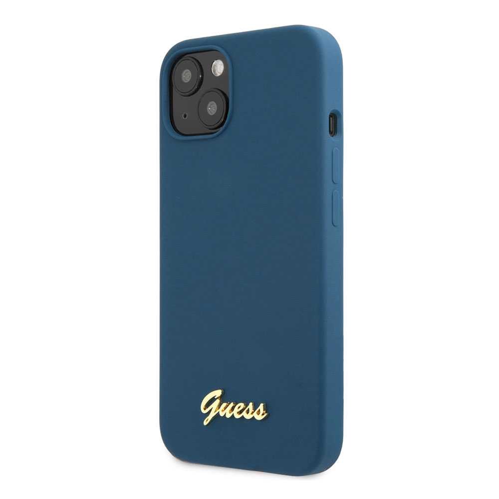 Guess Liquid Silicone Case With Gold Metal Logo Script For iPhone 13 (6.1") - Blue