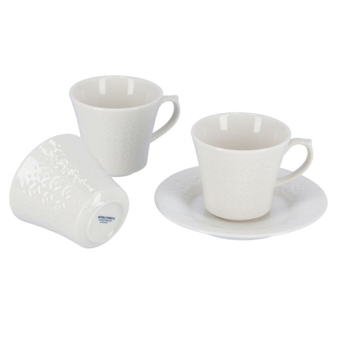 Royalford RF9242 12PCS Porcelain Cup & Saucer Set With Wooden Stand - Ideal For Daily Use - Non-Toxic, Ecologically Tasteless, Smooth Surface, Comfortable Grip And Lightweight