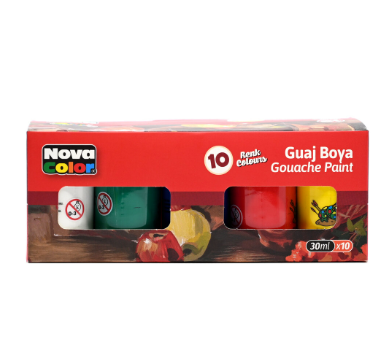 Nova Color Gouache Paint 30Ml, 10 Colors (Black,Red,Purple,White,Yellow,Brown,Pink,Blue,Orange,Green) -KRPBNC-114