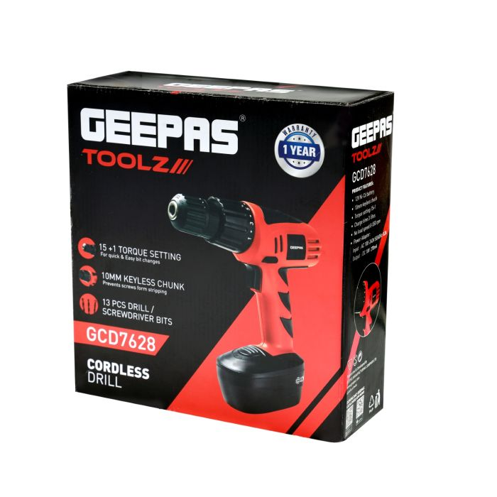 Geepas 12V Cordless Percussion Drill - Compact Electric Drill Screwdriver With 13 Pcs Drill/Screwdrivers Bit, 15+1 Torque Setting | No Speed Load 0-550RPM | 1 Year Warranty