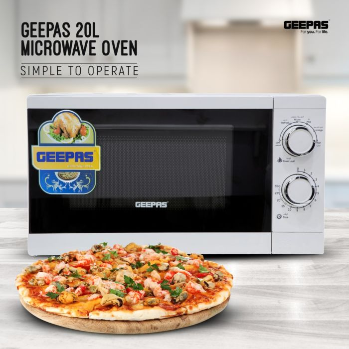 Geepas 20L Microwave Oven | 1200W Solo Microwave With 6 Power Levels And A Timer | Cooking Power Control With 2 Rotary Dials & Defrost Settings | White | 1 Year Warranty