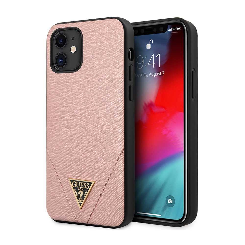 Guess PU Saffiano V Stitched w/ Metal Logo Case for iPhone 12 Mini (5.4") - Light Pink