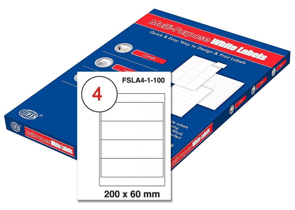 FIS Multipurpose Laser Labels, Colour White, Size 200X60MM, (4 Stickers x 100 Sheet) A4 Size, E.U. Origin Material - FSLA4-1-100