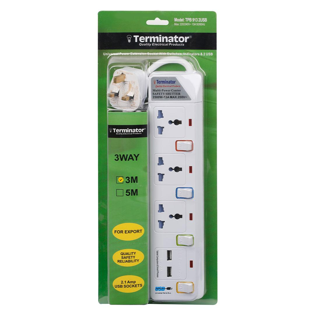3 Way Power Extension Socket With 2 USB 2.1A 3M 13A Plug