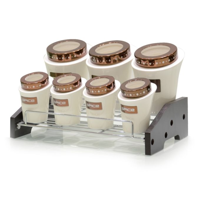 Royalford 7 Pcs Slanting Shape Canister Set With Wooden Stand - Porcelain Material - Transparent Lid - Convenient To Use - Spices, Seasoning