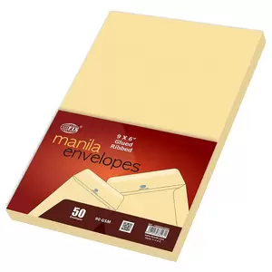 FIS Manila Envelopes, Glued Ribbed, Pack of 50 Pcs. 9 x 6 inch, 90 GSM - FSME9032GR50