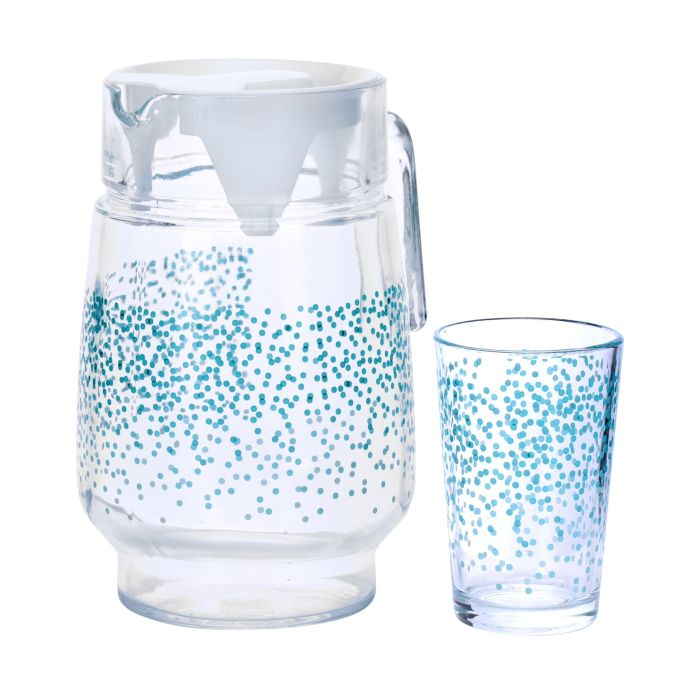 Royalford RF9830 1.3L Water Jug With 4 Glass Tumbler - Portable Multi-Purpose Jug With Lid For Water Picnic Juice, Durable Plastic, Spill-Proof Lid | Ideal For Household, Club, Pub, Bar, Coffee Shop, 