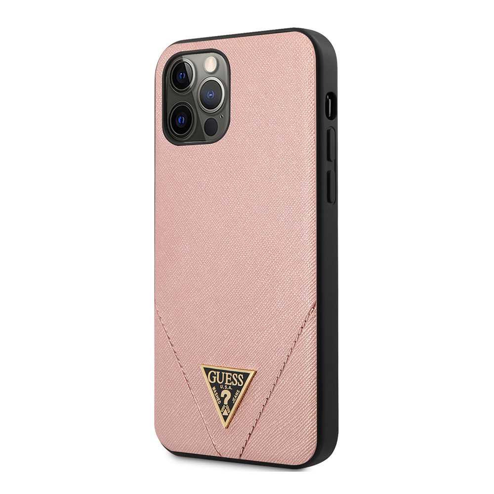Guess PU Saffiano V Stitched w/ Metal Logo Case for iPhone 12 / 12 Pro (6.1") - Light Pink