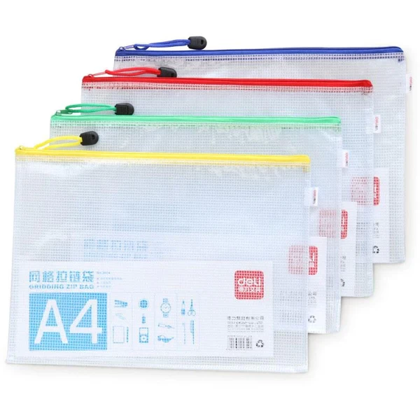 Deli e5654 pvc mesh a4 zipper bag, assorted