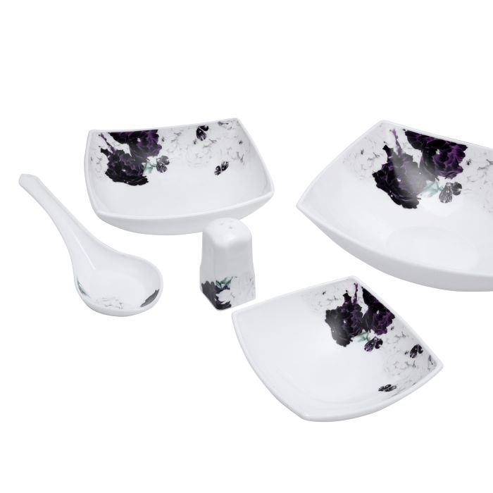 Royalford RF9757 71Pcs Opal Ware Dinner Set - Floral Design Plates, Bowls, Spoons & Salt & Pepper Set | Comfortable Handling | Ideal For Everyday Use, Family Get- Together, Restaurant, Banquet (Purple