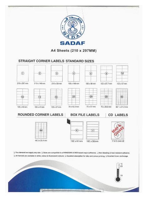 Sadaf 100-Piece A4 Size MultiPurpose Labels 105x41mm | 14 Label Per Sheet