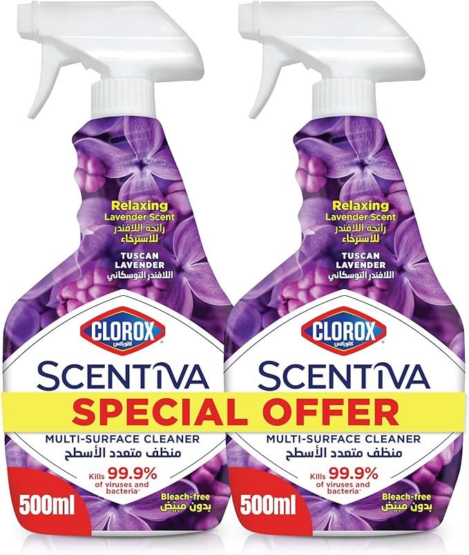 Clorox Scentiva Multi Surface Spray Cleaner 500ml, Dual Pack, Tuscan Lavender, Kills 99.9% of Viruses and Bacteria