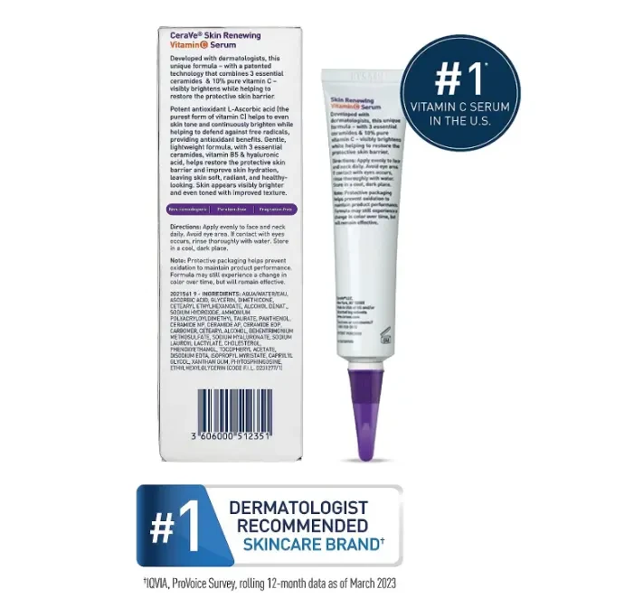 CeraVe Vitamin C Serum with Hyaluronic Acid Skin Brightening Serum for Face with 10% Pure Vitamin C Fragrance Free 1 Fl. Oz