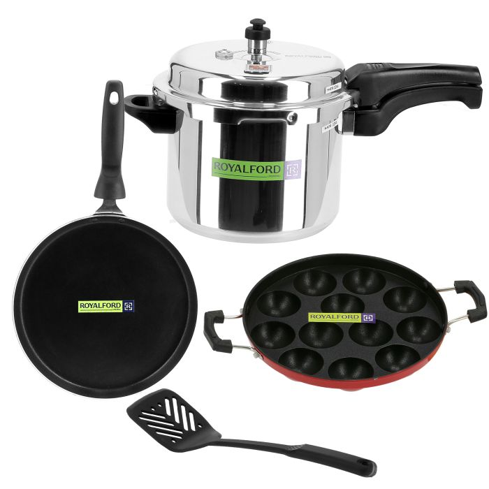 Royalford RF9705 Pressure Cooker 4 In 1 Combo Pack - Portable Evenly Heating Base Cooker, Pan & Tawa Nylon Turner Heat Resistant Handles | Non-Stick Coating | Compatible On Hot Plate, Halogen, Ceramic