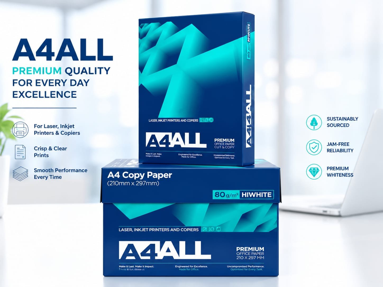 A4All Copy Paper, A4, 80 GSM, 500 Sheets, White, 5 Ream/Box