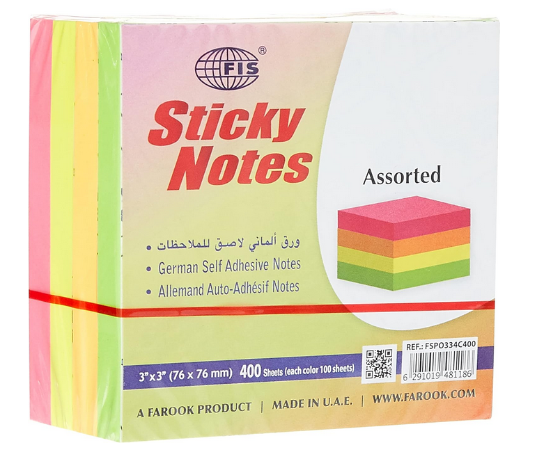FIS Sticky Note Pads, 4 Assorted Fluorescent Colors, 400 Sheets, 3 x 3 Inch Size - FSPO334C400