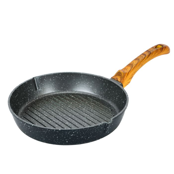 Round Grill Pan, Granite Coated Die-Cast Aluminium, RF10765 | 2 Pouring Spouts | 24cm Non-Stick Cookware Fry Pan | Strong Wood-Finish Bakelite Handle | 4mm Thickness