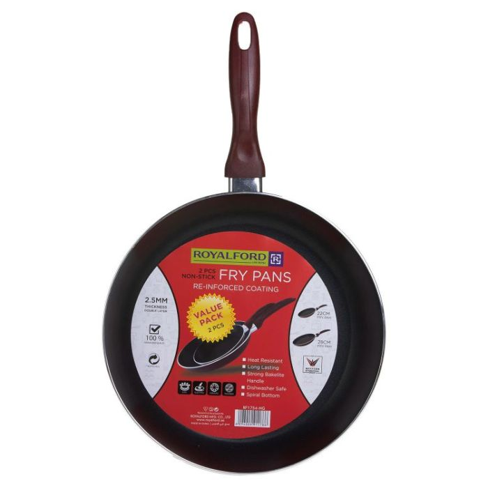 Royalford RF1754-FPSET 2Pcs Aluminium Fry Pan 28 & 22 Cm - Non-Stick Coating With Ergonomic Handle | Dishwasher Safe | 2.5mm Thick Induction Base | Ideal For Frying, Sauting, Stir-Frying