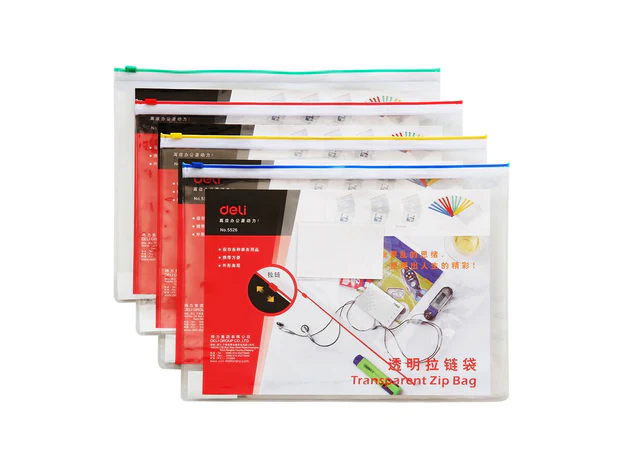 Deli 5526 Transparent Zip Bag A4 size, Assorted Colors, 12pcs-pack