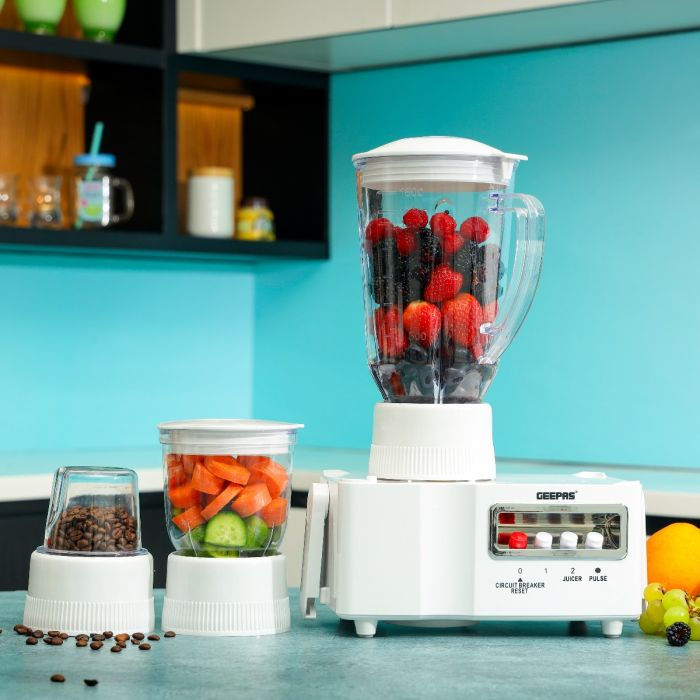 Geepas 650W 4-In-1 Food Processor- GSB6147| Transparent Plastic Jar With Stainless Steel Blades For Blending, Mincing And Milling Function| Overheat And Overload Protection| Unique Detachable Parts An