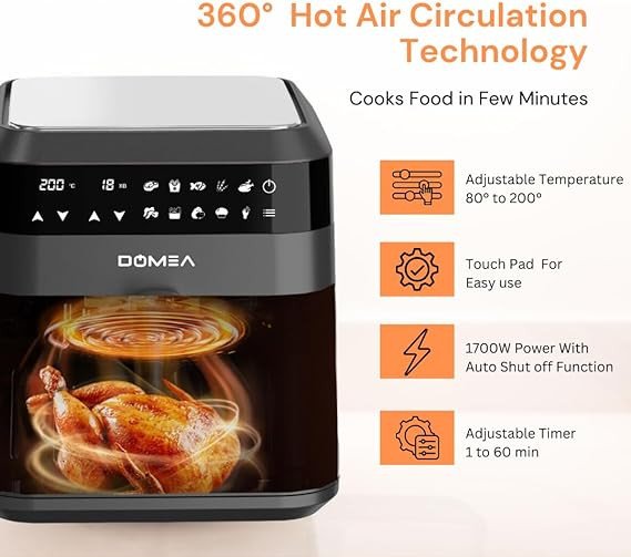 DOMEA Air Fryer 6.3 Liter Capacity, 1700 Watts, Digital Touch Control Panel, Adjustable Temperature & Timer, For Roast, Bake, Dehydrate & Reheat, For Quite & Easy Oil Free Cooking, Black