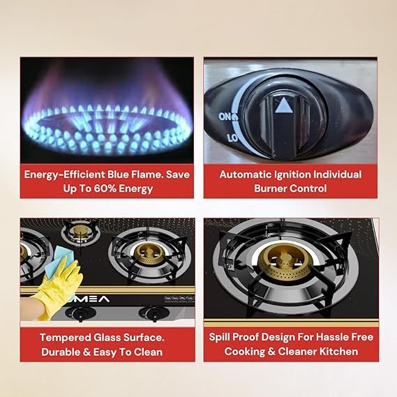 DOMEA Gas Burner With Auto Ignition | 3 Burners Stove With Convenient Pot Holders, Tempered Glass Top, Cast Iron Burner| Perfect For Home, Apartments, Parties | Table Top, Portable
