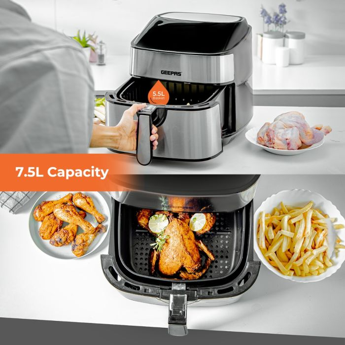 Geepas Digital Air Fryer- GAF37530UK| 7.5 L Capacity With 5.5 L Inner Basket| Equipped With VORTEX Air Frying Technology| Digital Display With Touch Screen, 10 Preset Cooking Modes, 1-60 Minutes Timer