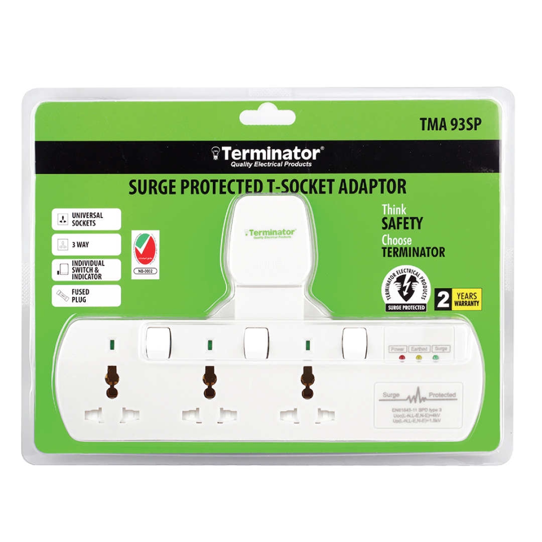 3 Way Universal T Socket With Surge Protection, Individual Switch, and Indicator
