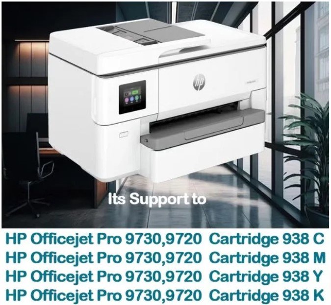 HP 938 Original Ink Office Jet Pro 9720/9730 Wide Format All-In-One Printer 4-Pack Black/Cyan/Magenta/Yellow