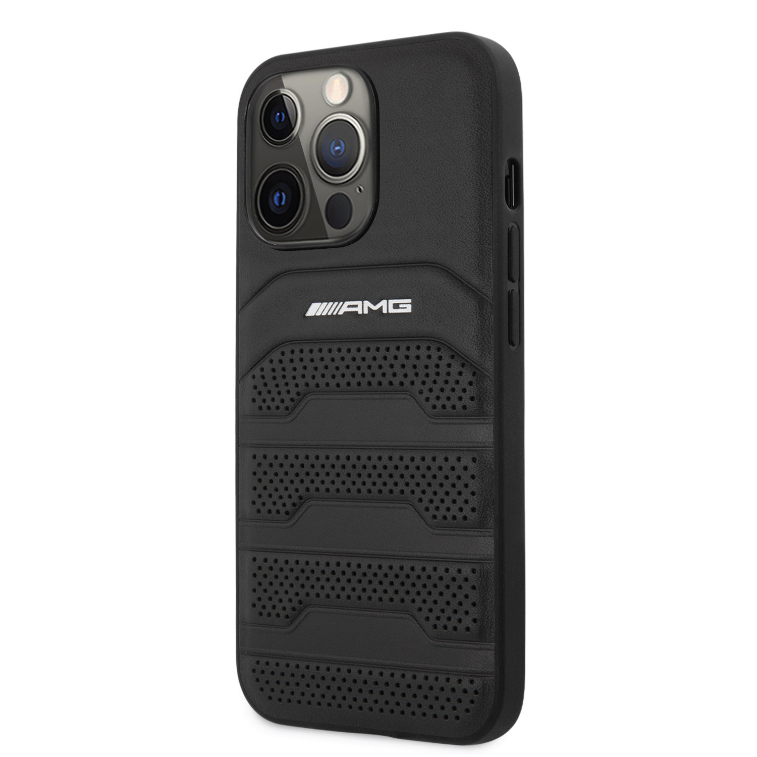 AMG Genuine Leather Case With Perforated Black Leather Debossed Lines Hot Stamped White Logo For iPhone 14 Pro Max
